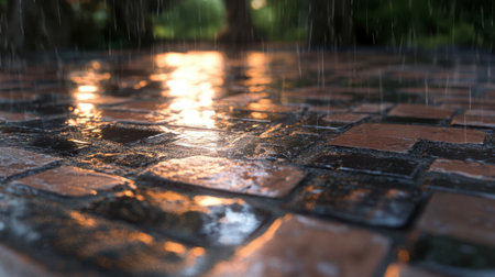 A close-up view of a brick patio glistening in the rain, showcasing intricate textures and reflections as sunlight filters through droplets, evoking serenity.の素材
