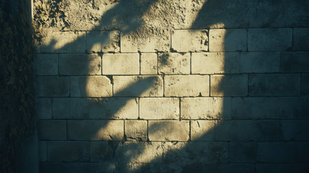A captivating play of shadows casts intriguing patterns on a textured wall, creating a serene atmosphere with a blend of light and dark. Ideal for artistic themes.の素材