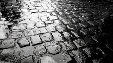 Captivating black and white image of a wet cobblestone pathway showcasing reflections and textures, creating a moody and dramatic urban scene.の素材