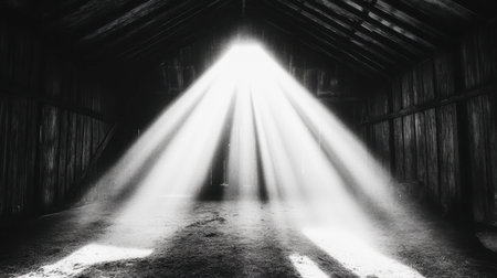 Discover a serene barn interior illuminated by striking light beams. This atmospheric image captures the beauty of shadows and rustic charm for creative projects.の素材