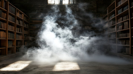 A serene library scene shrouded in fog, with light beams illuminating dusty bookshelves. The atmosphere evokes mystery and tranquility, perfect for artistic projects.の素材