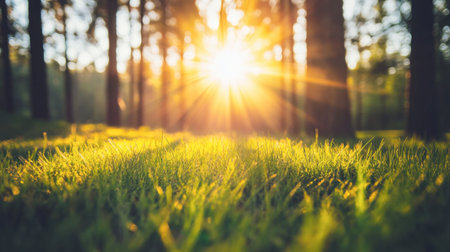 A captivating view of sunlight filtering through trees in a serene forest, showcasing vibrant grass and a peaceful atmosphere perfect for relaxation.の素材