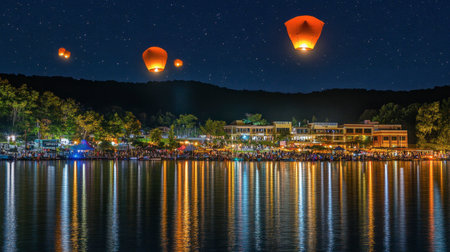 A tranquil night view over a serene lake, illuminated by floating lanterns and reflections. The scene captures a festive atmosphere under a starlit sky.の素材