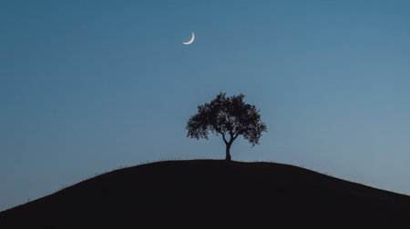 A tranquil landscape showcasing a solitary tree on a gentle hill under a crescent moon. The serene scene evokes calmness and beauty at dusk.の素材