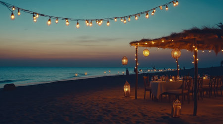 Experience a romantic beach dinner setup with twinkling lights and lanterns, ideal for special occasions. Enjoy the serene ocean view at sunset.の素材
