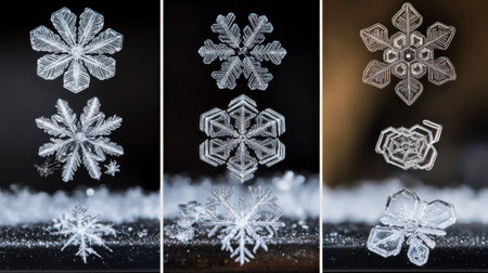 Explore stunning unique snowflake patterns against a dark backdrop. Each crystal showcases intricate designs, highlighting the beauty of winter in detail.の素材