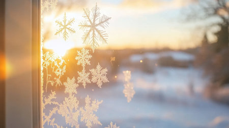A serene view of intricate snowflakes on a window, with a warm sunset in the background. This image captures the beauty of winter and tranquility.の素材