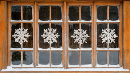 A serene winter window scene featuring snowflakes on glass. The rustic wood frame complements the festive decoration, inviting warmth and holiday spirit.の素材