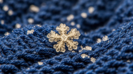 A close-up image of a delicate snowflake resting on soft knit fabric. The beautiful contrast of white and blue highlights the intricate details of the snowflake and the texture of the fabric, conveying a serene winter atmosphere.の素材