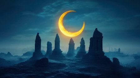 Enchanting ruins stand beneath a glowing crescent moon, casting intriguing shadows. Ideal for themes of fantasy, exploration, and serene landscapes.の素材