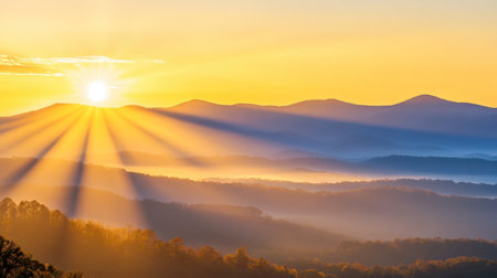 A breathtaking sunrise casts golden rays over a tranquil mountain landscape, showcasing the serene beauty of nature at dawn in a captivating scene.の素材