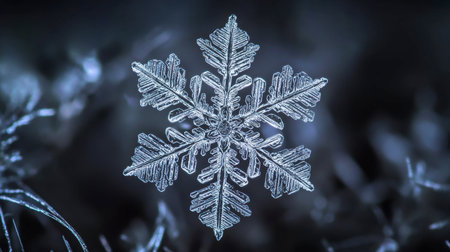 Stunning close-up of an intricate snowflake showcasing unique patterns and textures against a dark background, highlighting the beauty of winter's artistry.の素材