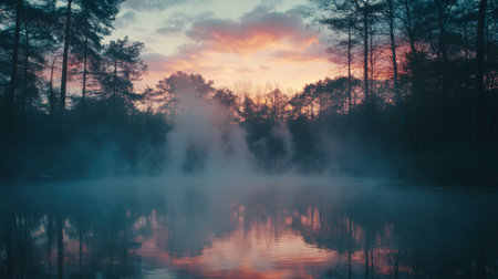 A tranquil misty lake at dawn, reflecting vibrant clouds and surrounded by trees, creating a serene and peaceful atmosphere in nature.の素材