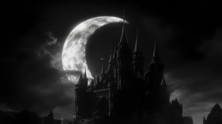 A captivating gothic castle silhouetted against a large, mystical moon. The dark landscape evokes a sense of mystery and enchantment, ideal for fantasy themes.の素材