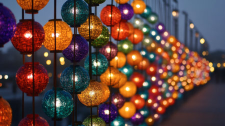 A stunning display of colorful lanterns glowing in the evening, creating a vibrant and festive atmosphere. Perfect for celebrations and events.の素材