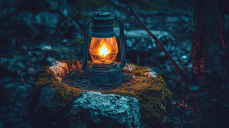 A softly glowing vintage lantern sits atop a moss-covered stone in a serene forest. This captivating scene evokes a sense of adventure and tranquility in nature.の素材