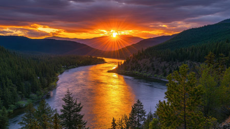 Experience the breathtaking beauty of a sunset over a calm mountain river, surrounded by lush trees and stunning landscapes. Ideal for nature lovers.の素材