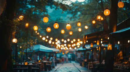 A serene evening market illuminated by warm lanterns and soft lights, nestled among lush trees, creating a tranquil atmosphere perfect for leisurely strolls and exploration.の素材
