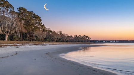Experience a tranquil twilight scene of a coastal beach with a crescent moon illuminating the calm waters and sandy shore, creating a peaceful atmosphere.の素材