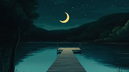 A serene night view featuring a crescent moon reflecting on calm waters, surrounded by lush hills and twinkling stars, evoking a sense of tranquility and peace.の素材