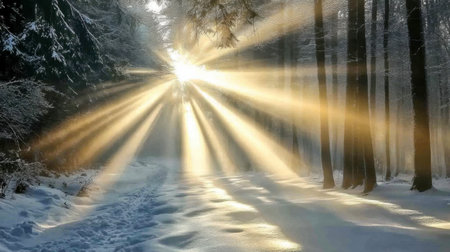 Stunning winter scene showcasing sunlight beams piercing through a snowy forest. A tranquil atmosphere with beautiful light effects and serene surroundings.の素材