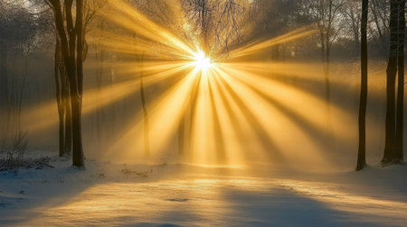 Captivating winter scene featuring sunlight streaming through trees, creating ethereal rays in a peaceful forest. A stunning moment of nature's beauty.の素材