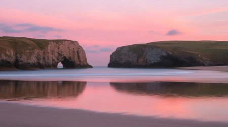 A stunning coastal landscape at dusk, featuring smooth waters reflecting vibrant colors. This tranquil scene captures the beauty of nature's evening palette.の素材