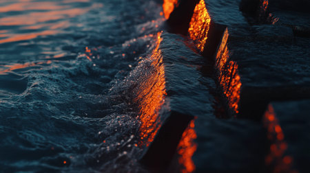Captivating sunset reflections on water and rocks create a serene scene. The warm colors and gentle waves offer a tranquil atmosphere for nature lovers.の素材