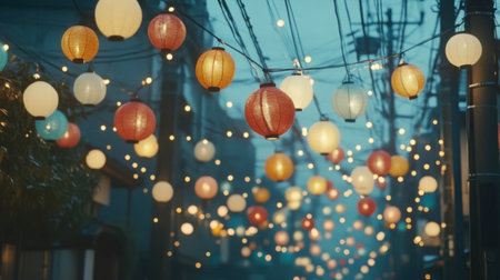 Colorful lanterns adorn a peaceful street at night, creating a warm and inviting atmosphere. Perfect for showcasing festive celebrations or cultural events.の素材