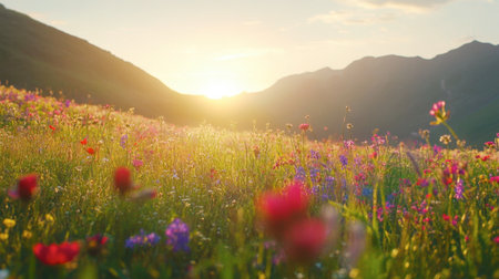 Breathtaking sunrise illuminating a wildflower meadow, showcasing vibrant flowers and lush greenery against majestic hills, creating a serene nature scene.の素材