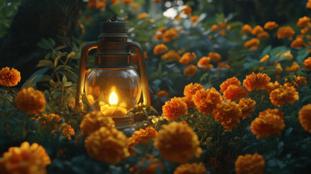 A vintage lantern emits a warm glow amidst a field of vibrant marigold flowers. This enchanting scene captures the beauty of nature and tranquility.の素材