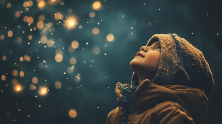 A serene child gazes up at sparkling snowflakes during a winter night, capturing the essence of wonder and joy in a magical outdoor setting.の素材