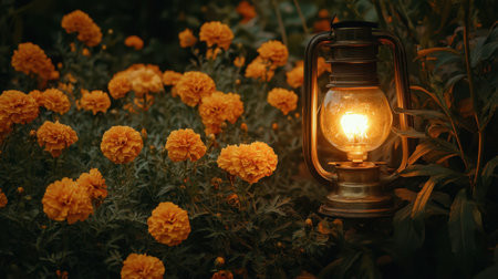 A vintage lantern illuminates a patch of vibrant yellow marigold flowers, creating a warm and inviting atmosphere in a serene garden setting.の素材