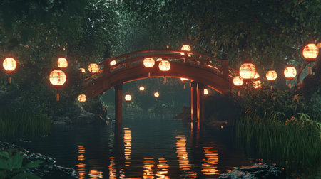 A tranquil night scene featuring a wooden bridge illuminated by glowing lanterns reflecting in calm water, surrounded by lush greenery and serene ambiance.の素材