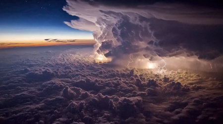 A breathtaking view of a thunderstorm surrounded by clouds at dusk, showcasing intense lightning and vibrant colors in the evening sky.の素材