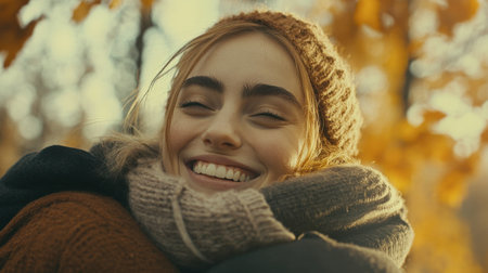 A cheerful woman smiles warmly while surrounded by vibrant autumn leaves. Her cozy scarf and joyful expression convey a sense of happiness and contentment in nature.の素材