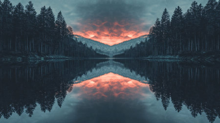 A breathtaking view of a serene lake surrounded by tall trees and mountains, featuring stunning reflections of the colorful sunset skies. Perfect for nature lovers.の素材