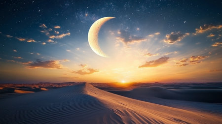 Experience a stunning desert landscape at sunset, featuring a crescent moon illuminating the horizon. This serene scene evokes tranquility and natural beauty.の素材