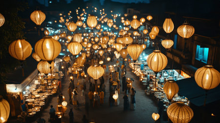 A stunning night market filled with glowing lanterns, creating a magical atmosphere. People gather amidst colorful decorations and vibrant stalls.の素材
