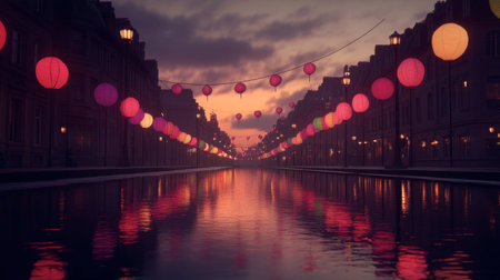 A tranquil evening scene featuring colorful lanterns hanging above a picturesque canal, reflecting vibrantly on the water's surface during sunset.の素材
