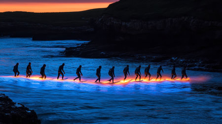 Surfers navigate the ocean waves at dusk, illuminated by glowing light effects. This dramatic scene captures the thrill of water sports against a stunning sunset backdrop.の素材
