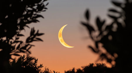 A beautiful crescent moon glows softly in the evening sky, framed by silhouetted leaves. This tranquil scene captures the essence of a peaceful dusk in nature.の素材