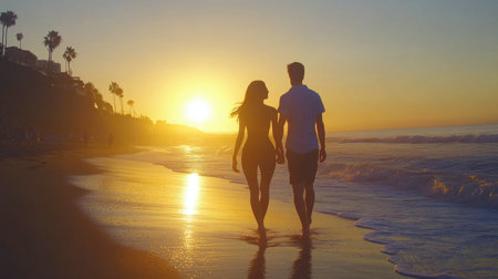A couple enjoys a romantic walk along the beach during sunset, creating a serene and beautiful atmosphere. The silhouettes against the setting sun evoke feelings of love and tranquility.の素材