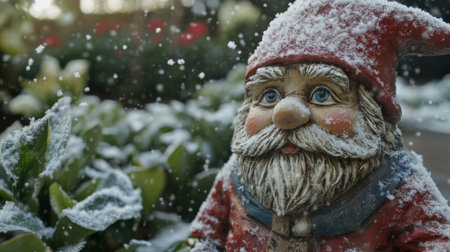 A charming Santa figurine covered in snow adds a festive touch to a winter garden scene, evoking holiday spirit amidst the serene landscape.の素材