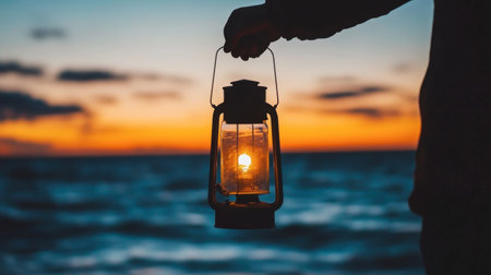 A serene silhouette of a person holding a glowing lantern against a vibrant sunset over the ocean. Perfect for themes of adventure and tranquility.の素材