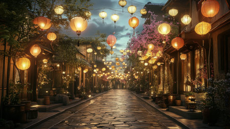 A picturesque street adorned with glowing lanterns, surrounded by blooming flowers. The serene ambiance creates a magical evening atmosphere perfect for exploration.の素材
