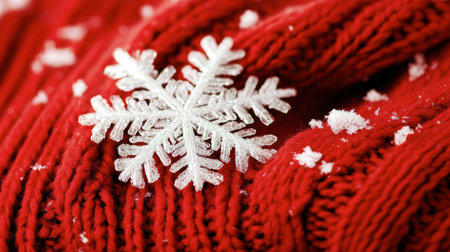 A delicate snowflake rests on a cozy red knit sweater, showcasing winter's beauty. Perfect for holiday themes, warmth, and festive fashion.の素材