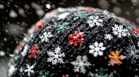 A close-up view of a wool hat adorned with colorful snowflake patterns, lightly dusted with snow, evoking a cozy winter atmosphere perfect for the season.の素材