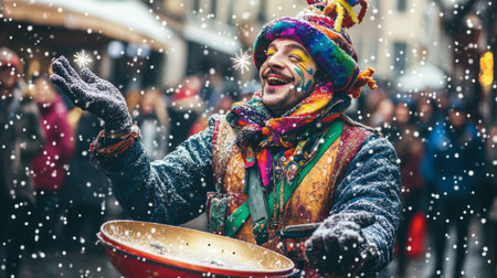 A vibrant street performer captivates the crowd in a snowy winter scene, bringing joy and lively energy through colorful costume and cheerful expression.の素材