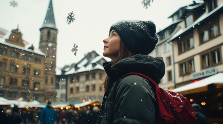 A woman gazes up at falling snowflakes in a charming winter market. The snowy scene captures festive holiday spirit amid beautiful architecture.の素材